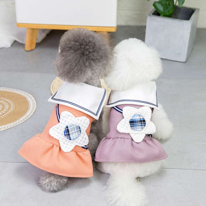 Stylish Dog Dress – Solid Color Skirt with Big Flower & Collar Apparel
